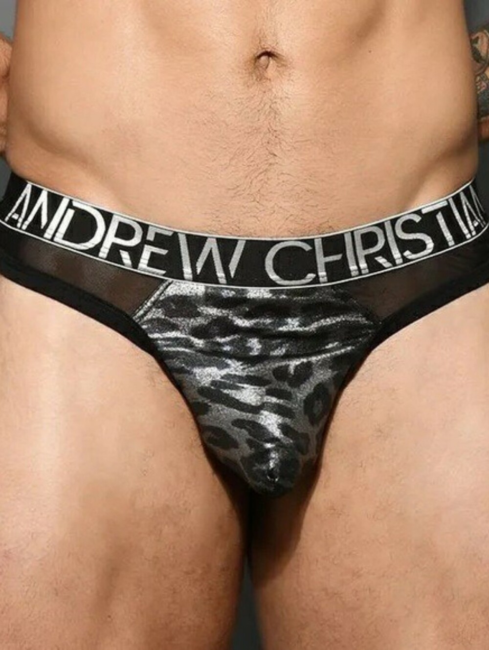 Andrew Christian Metallic Leopard Sheer Thong Black Silver Large Mesh RARE